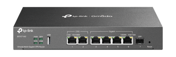 Omada Multi-Gigabit VPN Router, 1 2.5G RJ45 WAN Port, 1 2.5G RJ45 WAN/LAN Port, 1 Gigabit SFP WAN/LAN Port, 4 Gigabit RJ45 WAN/LAN Ports, 1 USB 2.0 Port (Supports USB storage, and LTE backup with LTE dongle)  