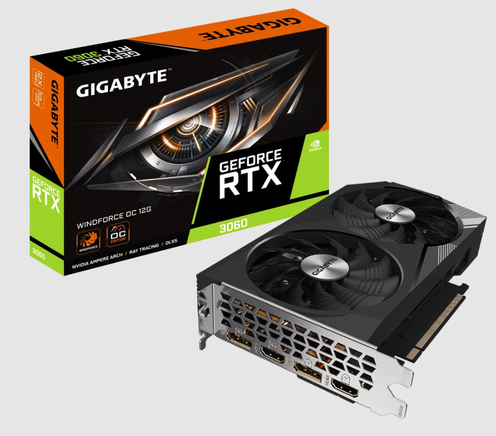  nVIDIA GeForce RTX3060 WINDFORCE OC 12GB GDDR6<br>Clock: 1792 MHz, 2x HDMI/ 2x DP, Max Resolution: 7680 x 4320, 1x 8-Pin Connector, Recommended: 550W  