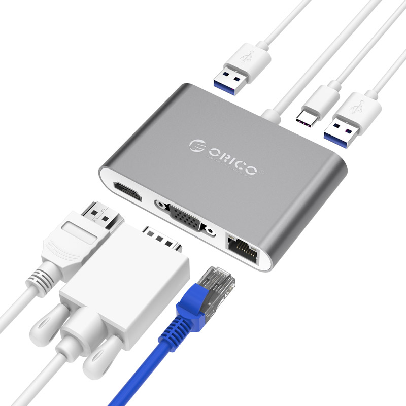  Type-C Dock Station: Aluminum Alloy Type-C to VGA / HDMI / RJ45 / Type-C PD / Type-A Adapter  