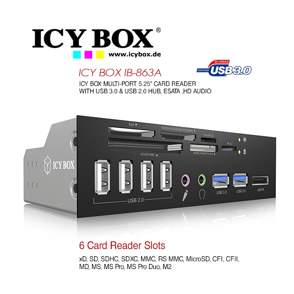  ICY BOX 5.25" Multi-port Card Reader with 2 x USB 3.0 ,4 x USB 2.0 Hub, 1 x eSATA ,HD Audio  