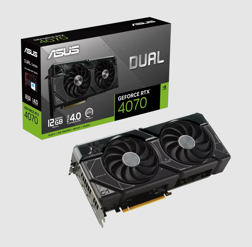  nVIDIA GeForce DUAL RTX4070 12G<br>OC Mode: 2505 MHz, 1x HDMI/ 3x DP, Max Resolution: 7680 x 4320, 2.56 SLOT, 1x 8-Pin Connector, Recommended: 650W  