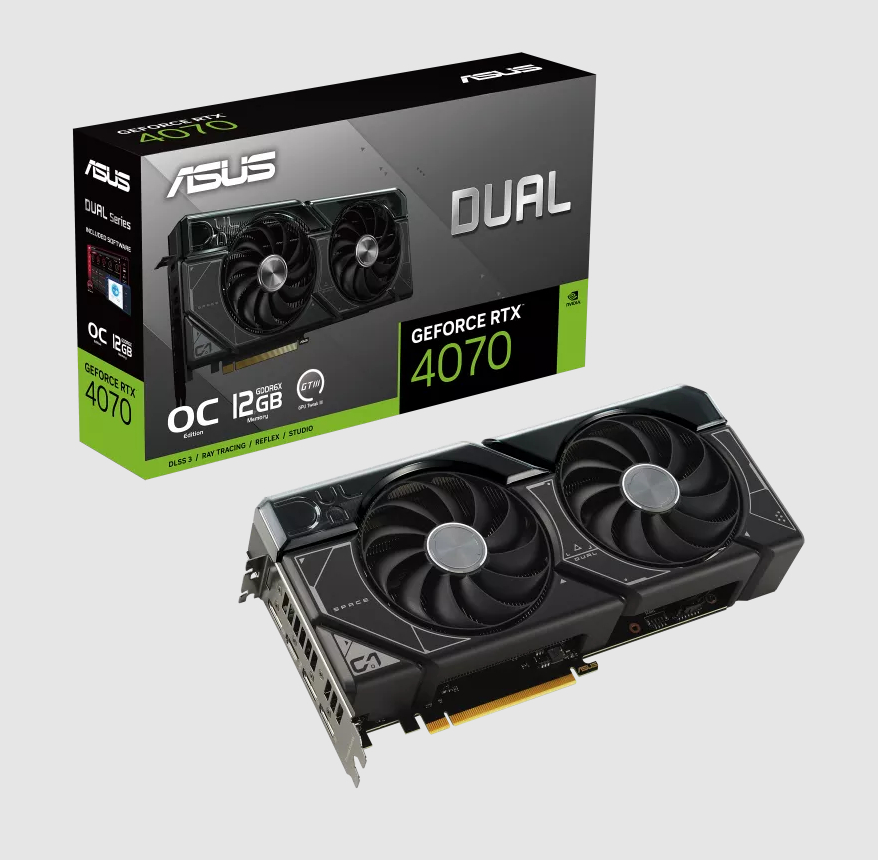  nVIDIA GeForce DUAL RTX4070 OC 12G<br>OC Mode: 2550 MHz, 1x HDMI/ 3x DP, Max Resolution: 7680 x 4320, 2.56 SLOT, 1x 8-Pin Connector, Recommended: 650W  