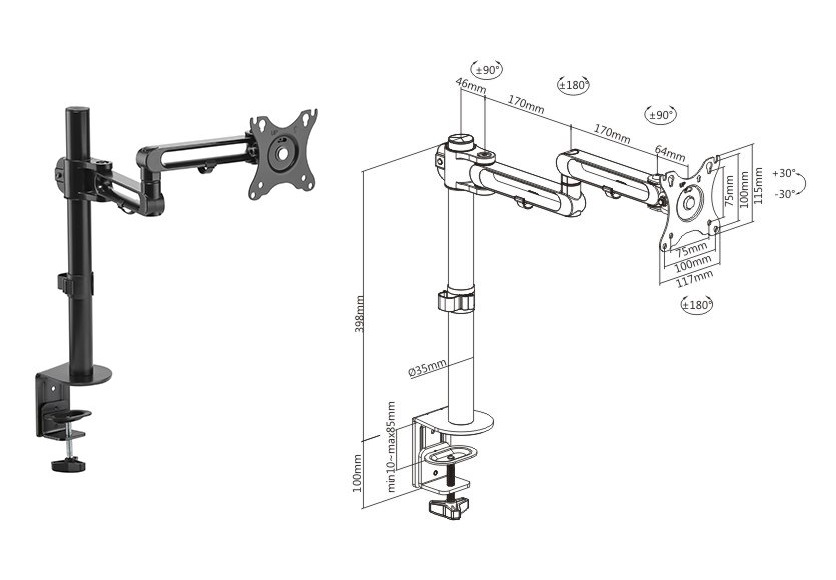  Articulating Aluminum Single Monitor Arm 17"-32" Support up to 8kg  