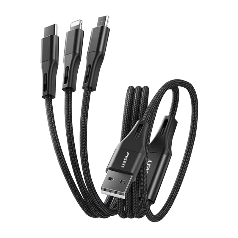  3-in-1 USB-A to Lightning + USB-C + Micro-USB Cable (1.5M) Braided Black, 3A/15W  