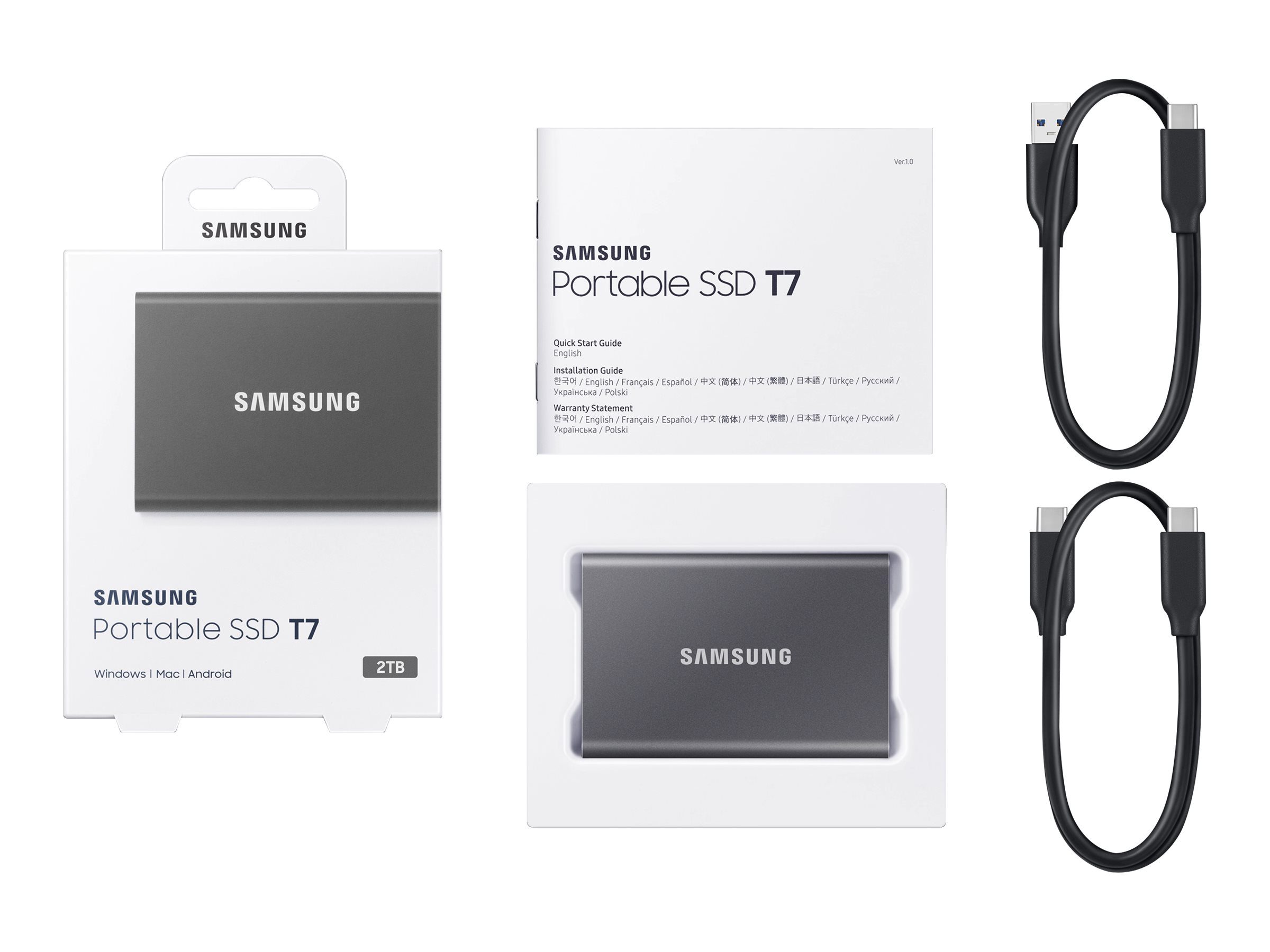  Portable SSD T7, 2TB, Titan Gray, USB3.2, Type-C, R/W(Max) 1,050MB/s, Aluminium Case, 3 Years Warranty  