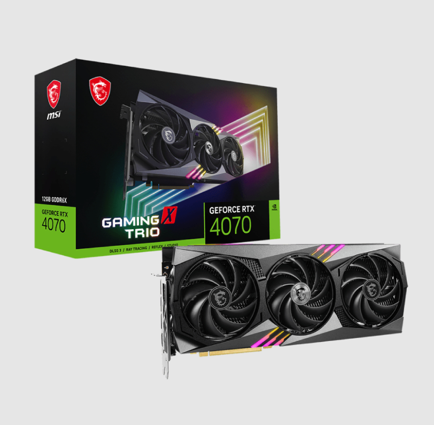  nVIDIA GeForce RTX4070 GAMING X TRIO 12G<br>Boost Mode: 2610 MHz, 1x HDMI/ 3x DP, Max Resolution: 7680 x 4320, 1x 16-Pin Connector, Recommended: 650W  