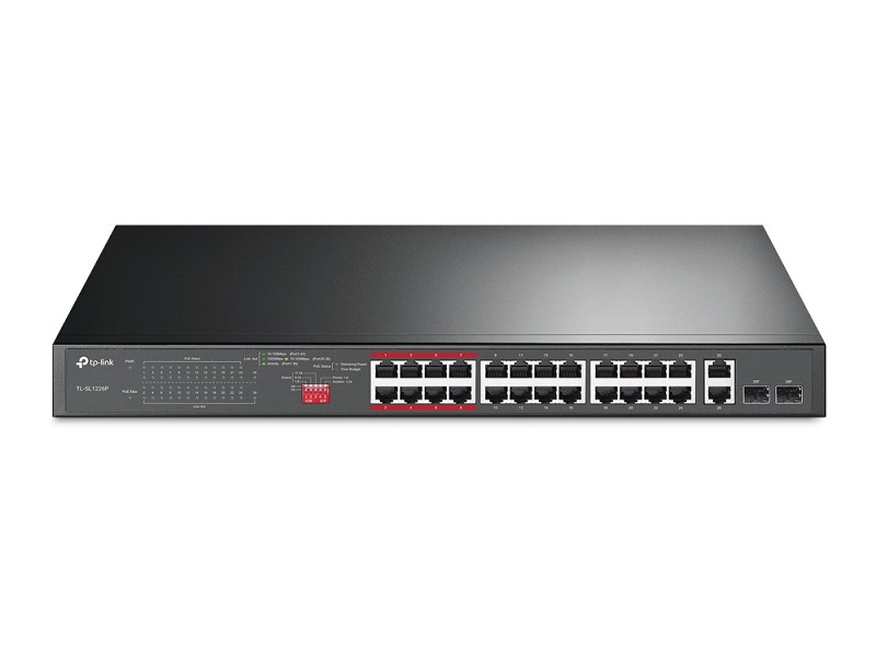  Switch : 24-Port 10/100Mbps PoE+ Unmanaged Switch, 2x Gigabit RJ45 Ports, 2x Combo SFP Slots, 802.3at/af, 250W PoE Power, 1U 19-inch Rack-mountable, Extend Mode for 250m PoE Transmitting, Priority Mode for Port 1-8, Isolation Mode  