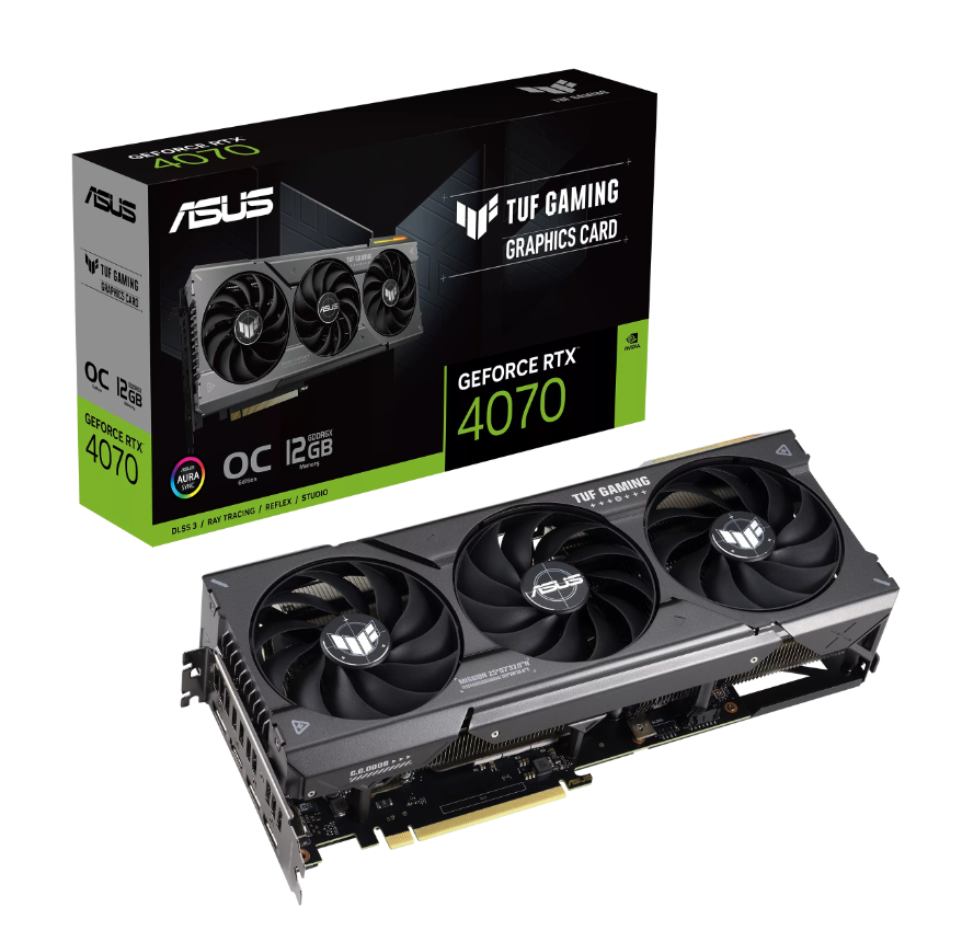  nVIDIA GeForce TUF GAMING RTX4070 OC 12G <br>OC Mode: 2580 MHz, 1x HDMI/ 3x DP, Max Resolution: 7680 x 4320, 3.15 SLOT, 1x 8-Pin Connector, Recommended: 650W  