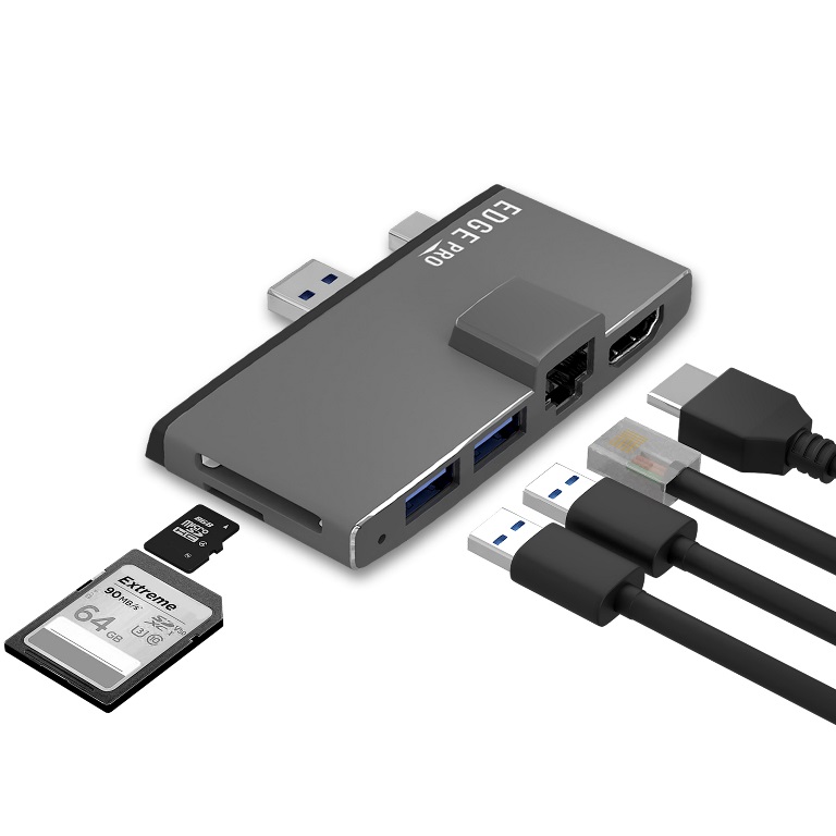  Edge Pro Multifunction USB- C Hub for Microsoft Surface Pro 5/6 Metal Grey (HDMI, LAN, USB 3.0 Hub, Card Reader)  