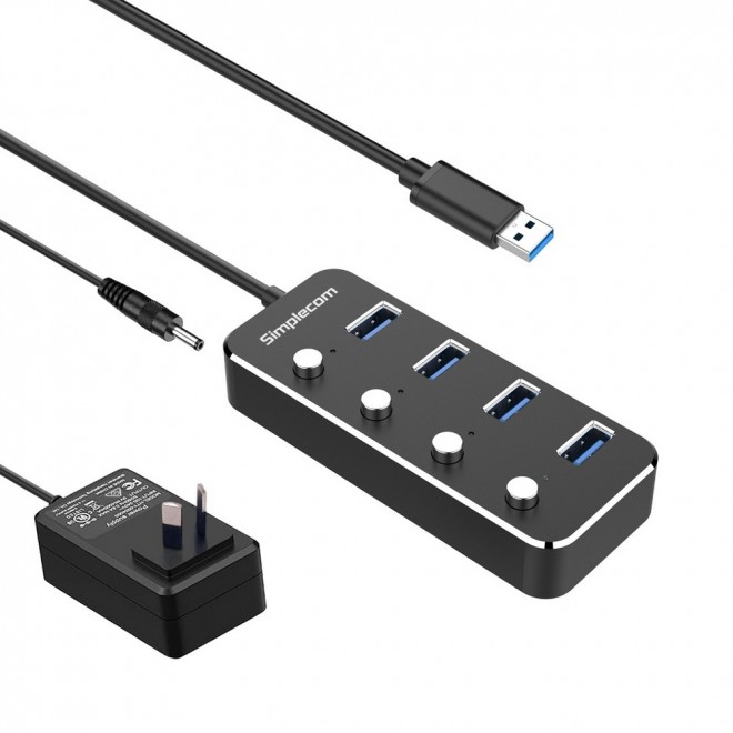  Aluminium 4-Port USB 3.0 Hub with Individual Switches and Power Adapter  