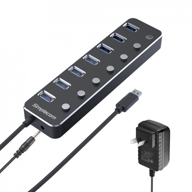  Aluminium 7 Port USB 3.0 Hub with Individual Switches and Power Adapter  