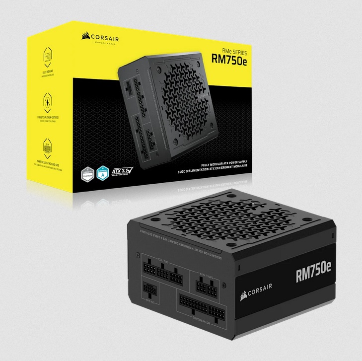  ATX PSU: RM750E Cybernetics Platinum Fully Modular ATX 3.1 & PCIe 5.1 Certified Power Supply<br>2x EPS CPU 8-Pin, 1x 12VHPWR 16-Pin, 1x 12V to 2x 8-Pin PCI-e,  1x PCI-e 8-Pin, 6x SATA, 2x Molex Connectors  