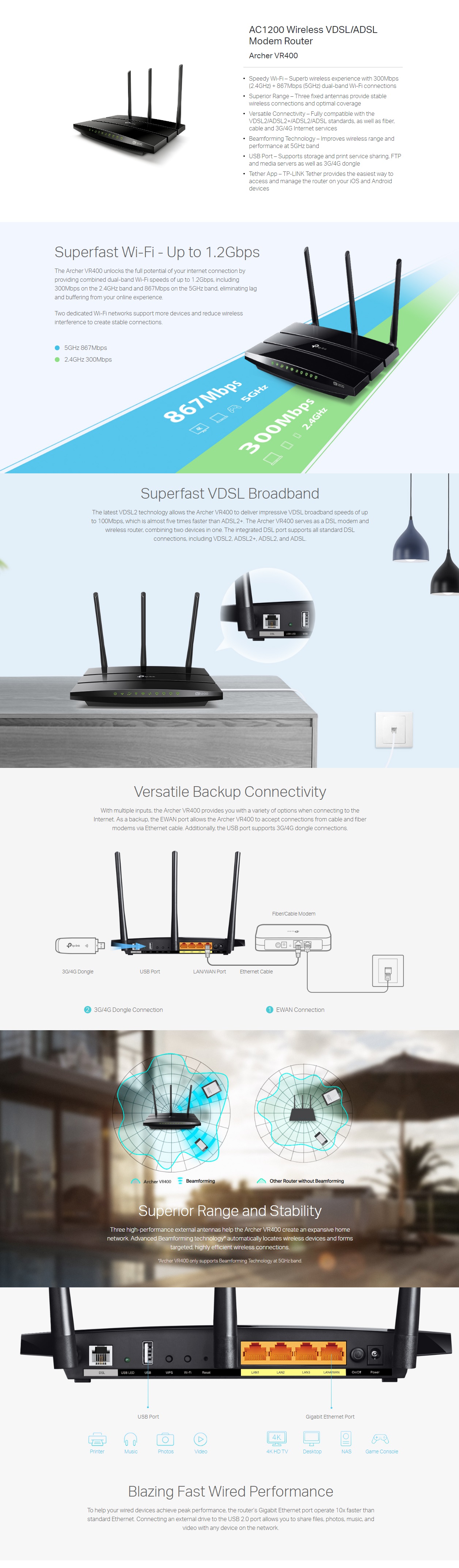  VDSL/ADSL2+ Modem Router: AC1200 Wireless 300Mbps (2.4GHz) + 867Mbps (5GHz), 1 x GLAN WAN?LAN, 3 x 10/100Mbps, 1 x USB2.0  