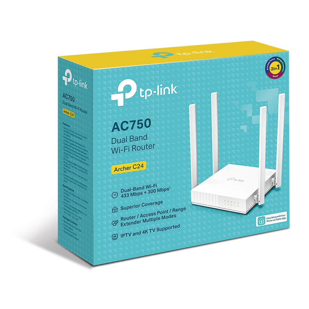  <b> Wi-Fi Router:</b> Dual Band Wireless AC750 (300 +433 Mbps), 1x 10/100 WAN, 4x 10/100 LAN, 4 Fixed Antennas  