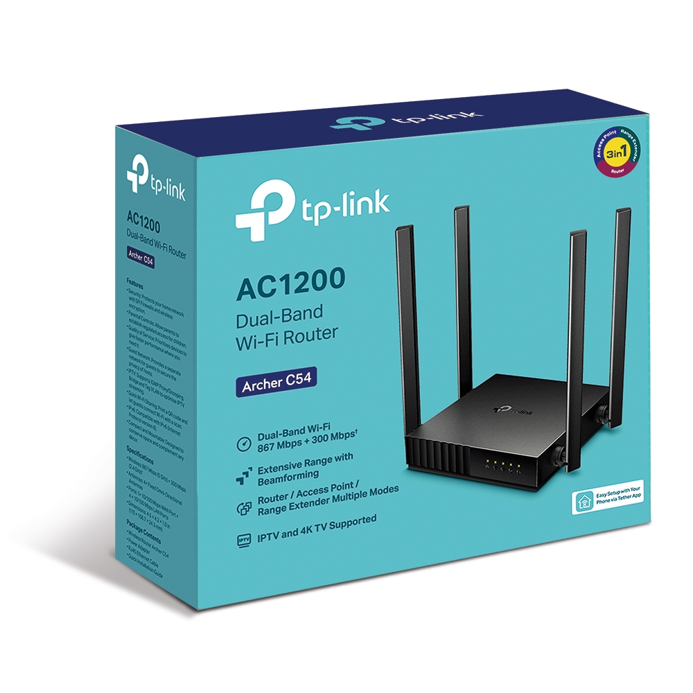  <b>Router: </b>Dual Band MU-MIMO Wireless AC1200 (300+867Mbps), 1x10/100 WAN, 4x 10/100 LAN, 4 Fixed Antennas  