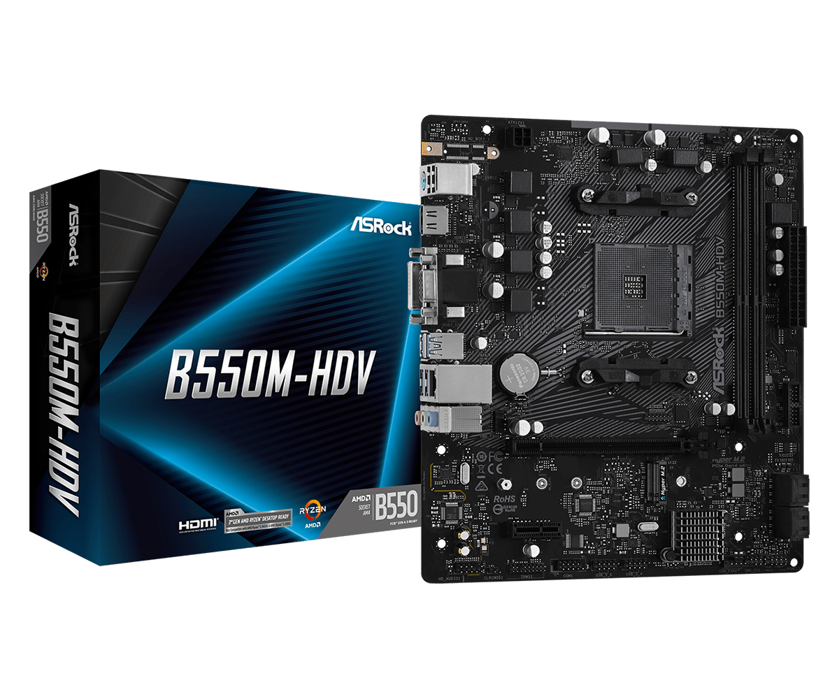  B550 m-ATX Motherboard: AM4 Socket For AMD Ryzen 3rd Gen. Processors<br>2x DDR4, 4x SATA 6Gbps, PCIe 4.0, 1x M.2 Gen3, USB 3.2, Gigabit LAN, Realtek ALC887 Audio, HDMI/DVI/VGA  