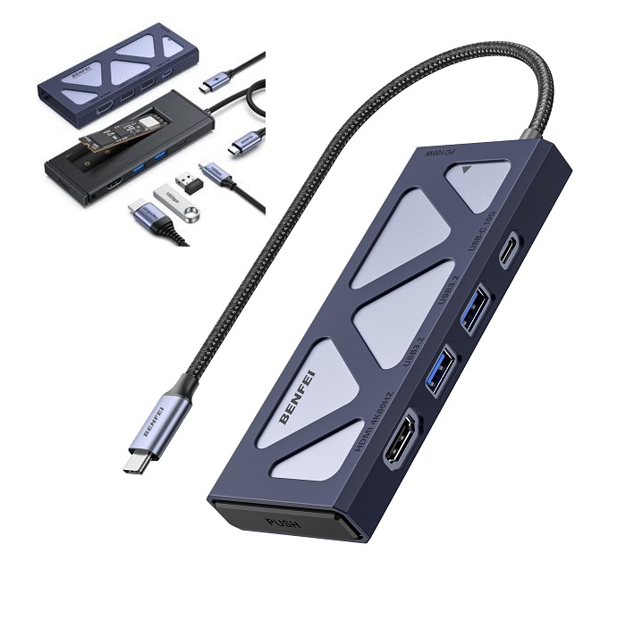  6 in 1 m.2 NVMe Enclosure with USB Type-C Hub - 1x HDMI + 2x USB 3.2 + 1x Type-C PD 100W  