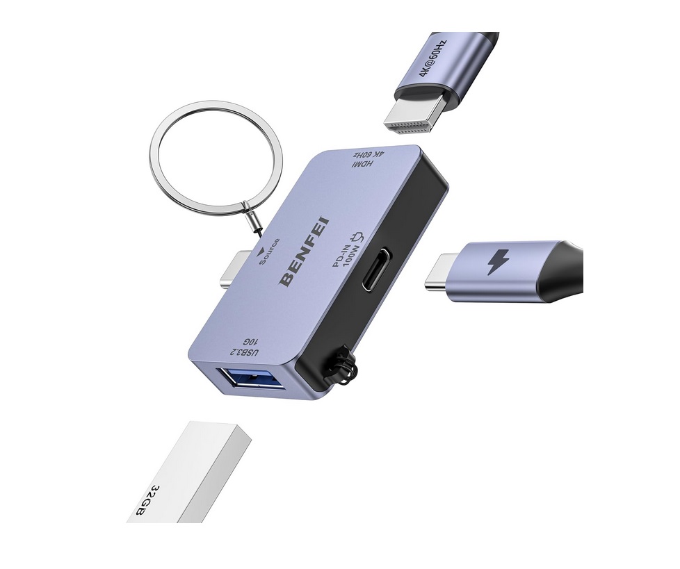  USB Type-C 3 in 1 Super Compact Hub - 1x HDMI 4K@60Hz + 1x USB 3.2 + 1x USB-C  