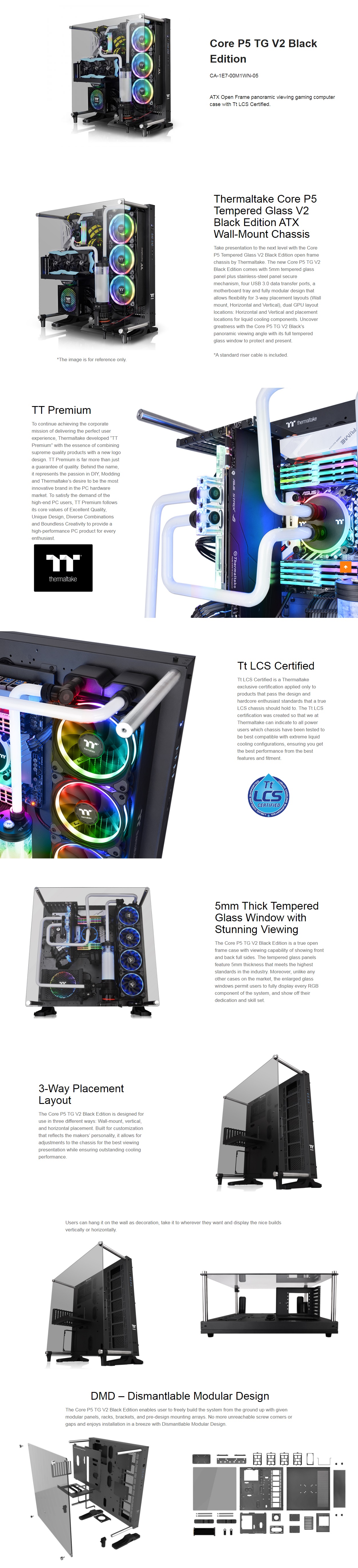  <b>Tower Chassis</b>: Core P5 V2 Tempered Glass Black Edition LCS Certified, Wall mountable, ATX  