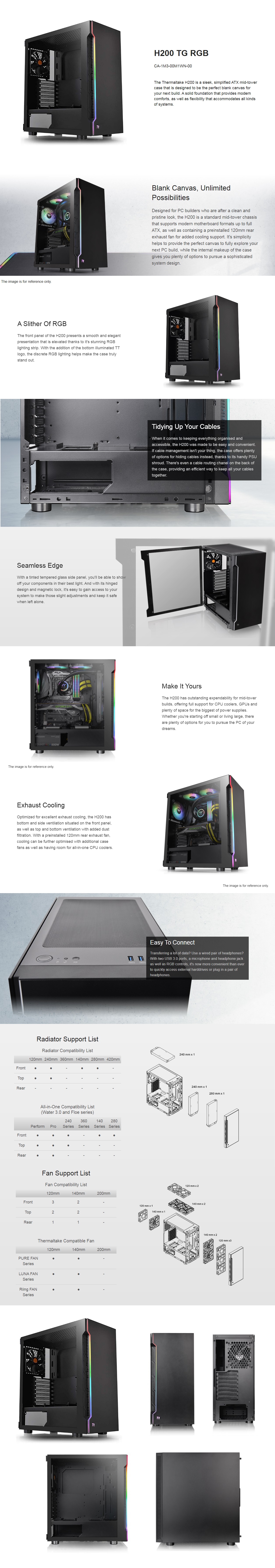  <b>ATX Mid Tower</b>: H200 TG RGB Case Tempered Glass, 1x 120mm Fan, USB 3.0 x2, RGB Button, Black  