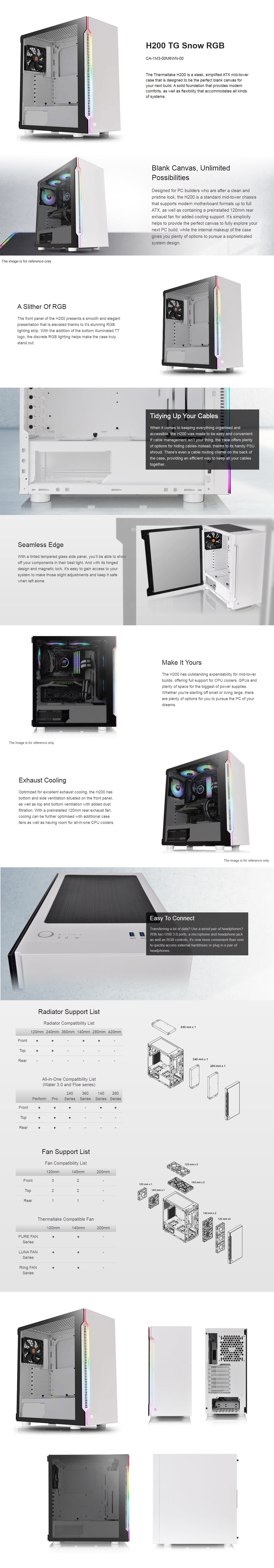  <b>ATX Mid Tower</b>: H200 TG RGB Snow Case Tempered Glass, 1x 120mm Fan, USB 3.0 x2, RGB Button, White  