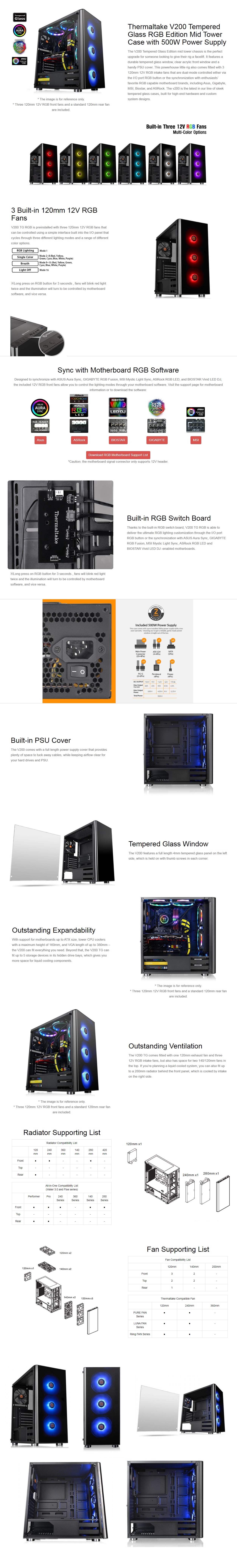  <b>Mid Tower</b>: V200 Tempered Glass RGB Edition with 500W PSU, USB 3.0 x1, USB 2.0 x2, 3x 120mm RGB Fan, ATX  