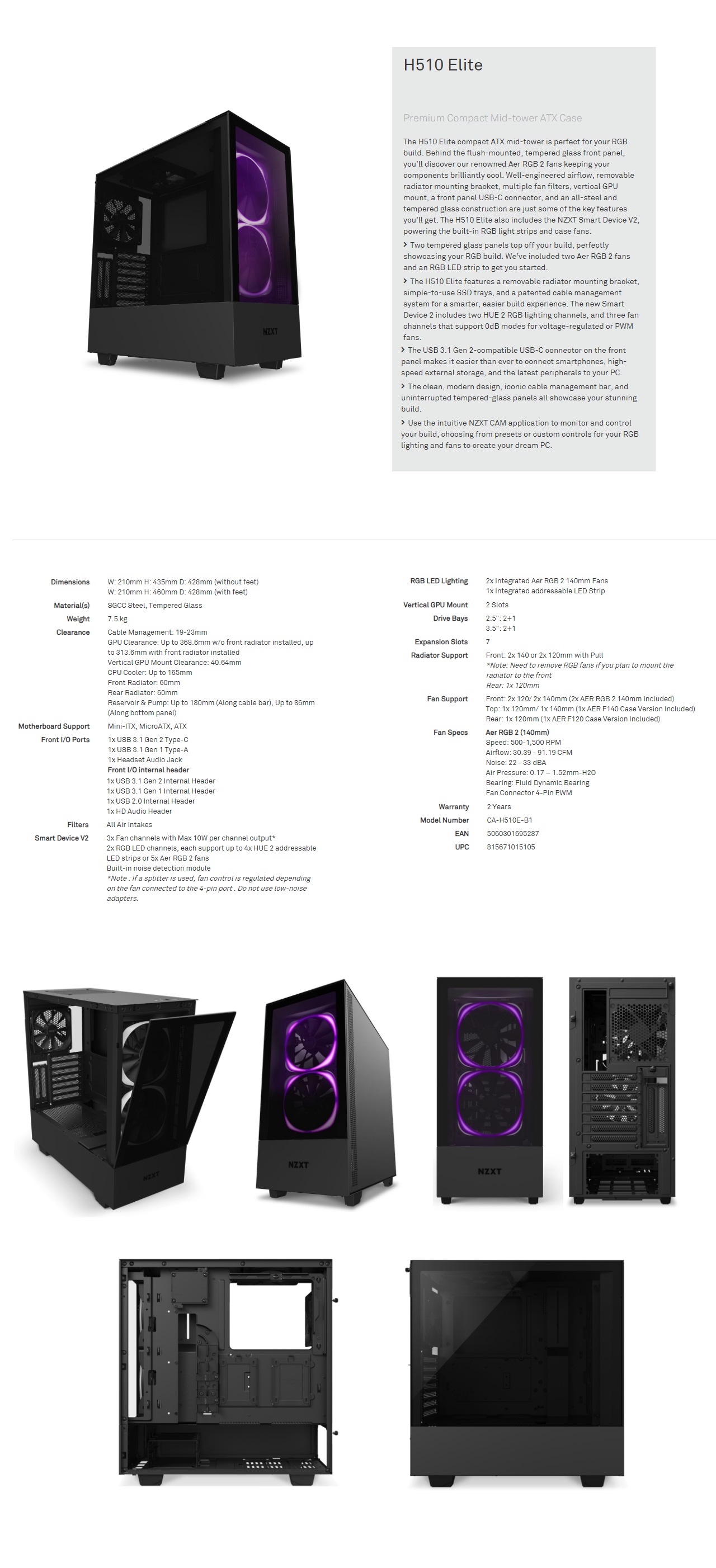  <b>Mid Tower</b>: <B>H510 ELITE</B> Matte Black/Black Chassis, Tempered Glass, 1x USB 3.1 Gen2 Type-C, 1x USB 3.1 Gen1 Type-A, 2x RGB 140mm Fans, LED Strip, ATX  
