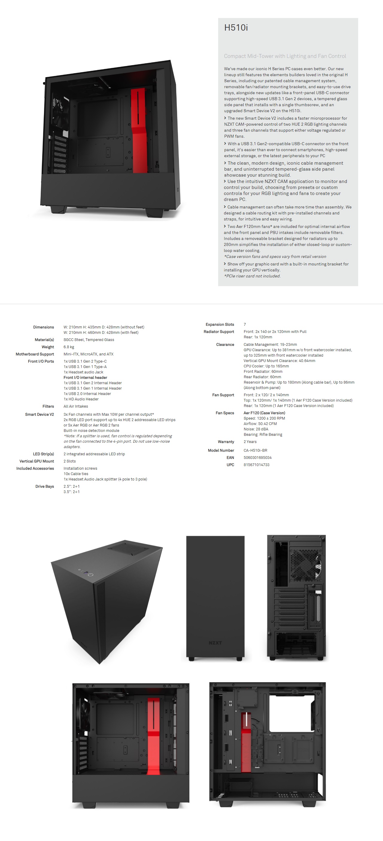  <b>Mid Tower</b>: Matte Black/Red H510i Mid Tower Chassis (Smart Device) ATX, 1*USB3.0 1*USB3.1 TYPE-C, 1*AUDIO JACK  