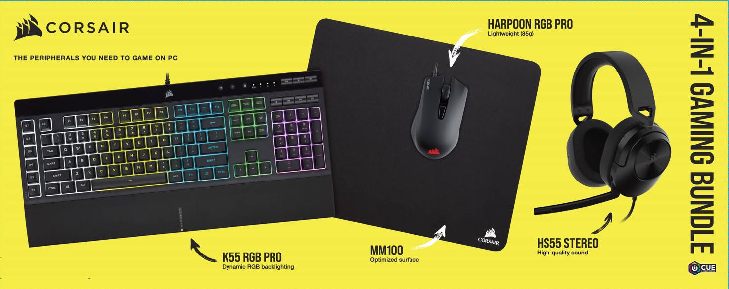  Corsair 4-in-1 Gaming Bundle - K55 RGB PRO + Harpoon RGB PRO + MM100 + HS55 STEREO  