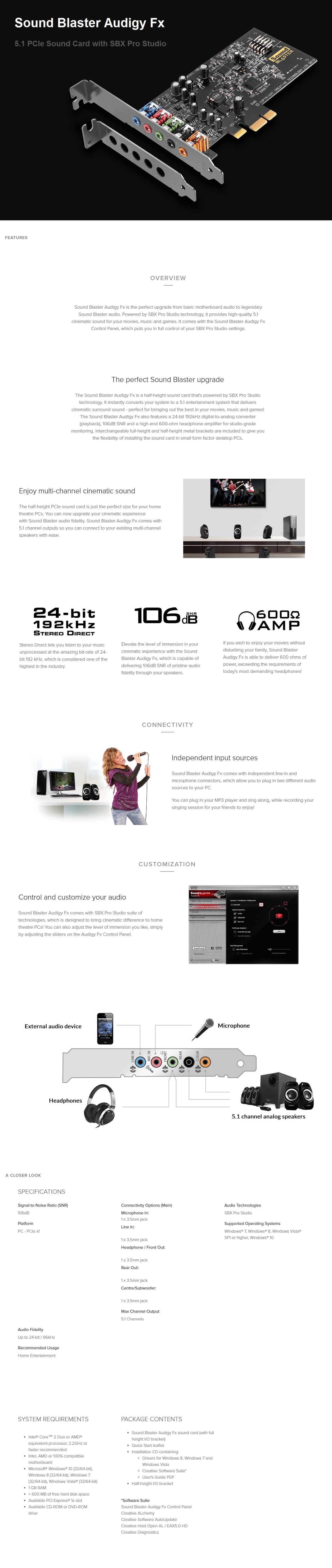  Sound Blaster Audigy FX 5.1 PCIe Sound Card with SBX Pro Studio, with low profile bracket, 24-bit 192 kHz, 106dB SNR, 600 ohms, Win 8  