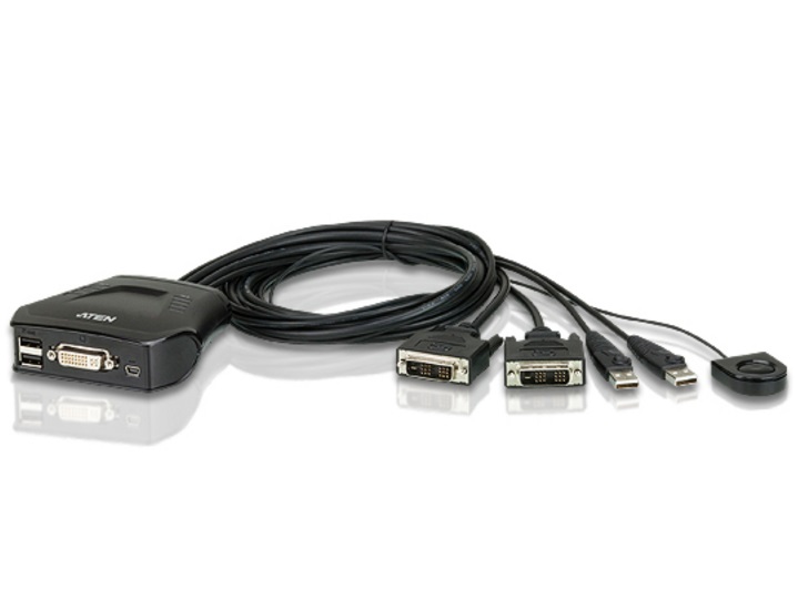  Petite 2 Port USB DVI-D KVM Switch with Remote Port Selector - 1.2m Cables Built In  