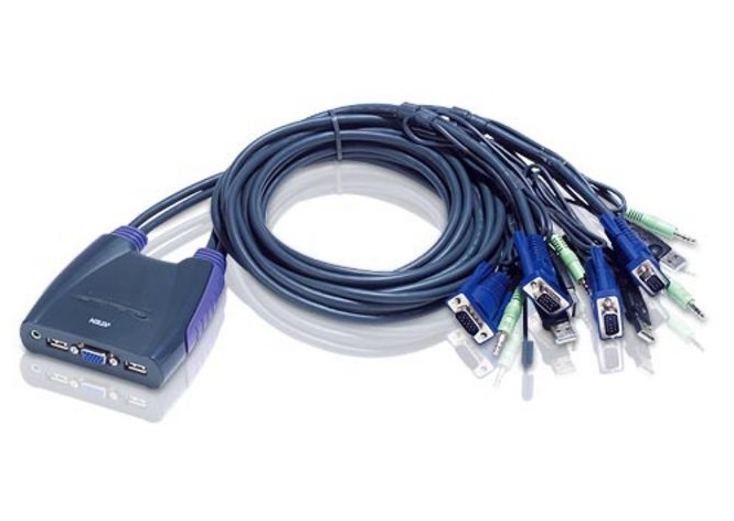  Petite 4 Port USB VGA KVM Switch with Audio - 1.8m Cables Built In  