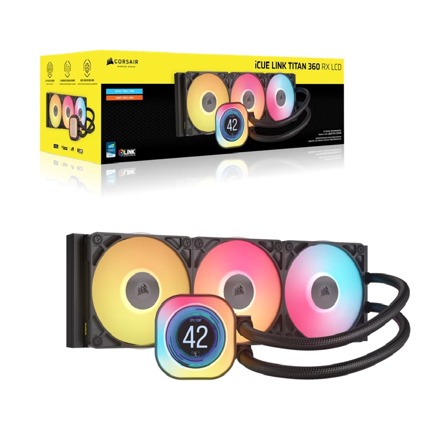  iCUE LINK TITAN 360 RX LCD Liquid CPU Cooler - Black: 73.5 CFM, 2100 RPM, 36 dBA, Aluminum Radiator, Copper Cold Plate, Intel/AMD Support  