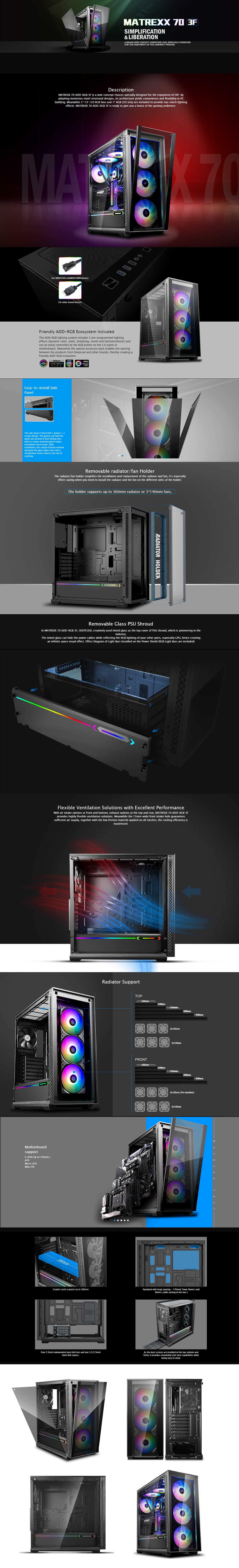  <b>Mid Tower</b>: Matrexx 70, 3x 120mm ARGB Fan, 1x 120mm fan, 2x USB3.0, 1x USB2.0, E-ATX/ATX/Micro ATX/Mini-ITX, Black  