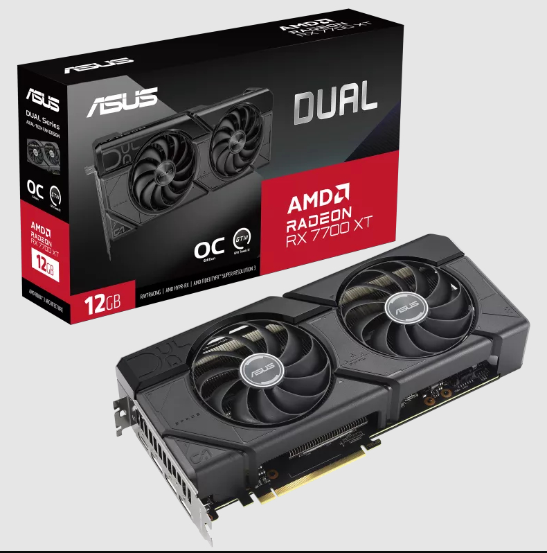  AMD Radeon DUAL RX 7700 XT OC 12GB<br>OC Clock: 2599 MHz, 3 x DP/ 1 x HDMI, Resolution: 7680 x 4320, 2.47 Slot, 2 x 8-Pin Connector, Recommended: 750W  