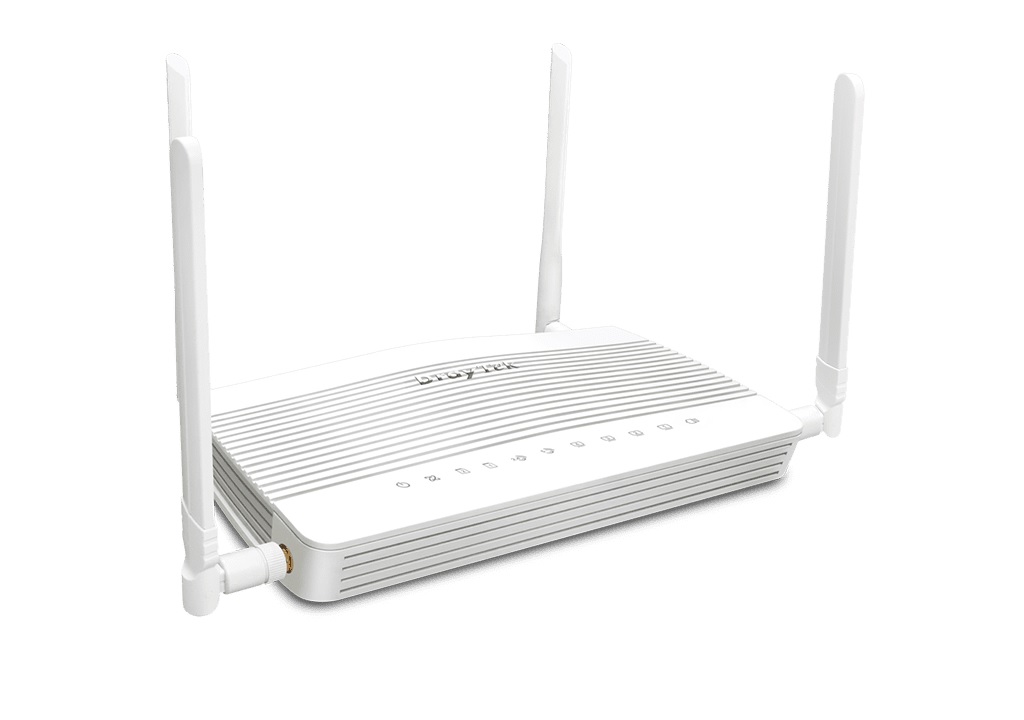  <b>Broadband router with a 4G modem</b>, 2 x SIM card slots & eSIM, 1 x 2.5GbE WAN, 1 x configurable 2.5GbE WAN/LAN port, 3 x GbE LAN ports, SPI Firewall, 802.11ax (WiFi 6, AX3000), 16 x IPsec, OpenVPN or Wireguard tunnels, and support VigorACS 3  