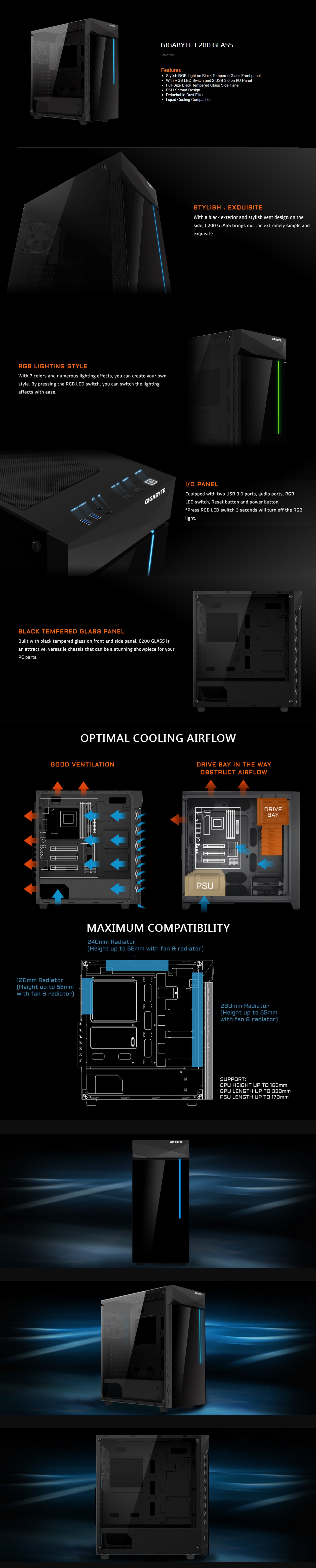  <b>Mid Tower</b>: C200 RGB Tempered Glass ATX Mid-Tower PC Gaming Case 2x3.5' 2x2.5' 2xUSB3.0 Detachable Dust Filter Liquid Cooling PSU Shroud Design  