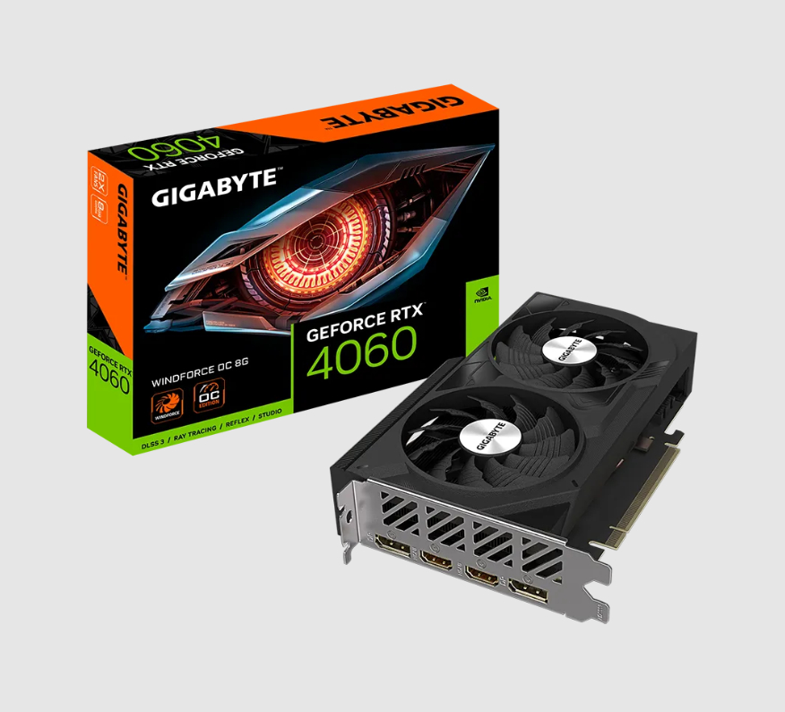  nVIDIA GeForce RTX4060 WINDFORCE OC 8GB GDDR6<br>Clock: 2475 MHz, 2x HDMI/ 2x DP, Max Resolution: 7680 x 4320, 1x 8-Pin Connector, Recommended: 450W  