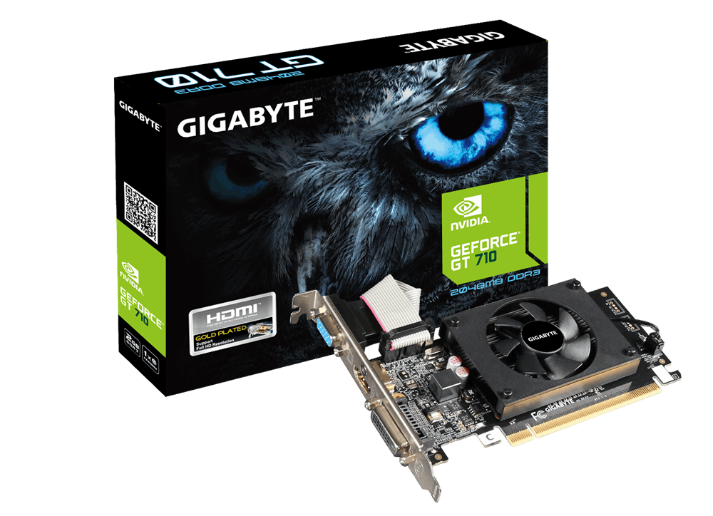  nVIDIA GeForce GT710 2GB DDR3<BR>Core Clock: 954MHz, 1x HDMI/ 1x DVI/ 1x VGA, Max Resolution: 4096 x 2160, Recommended: 300W - Low Profile Brackets Included  