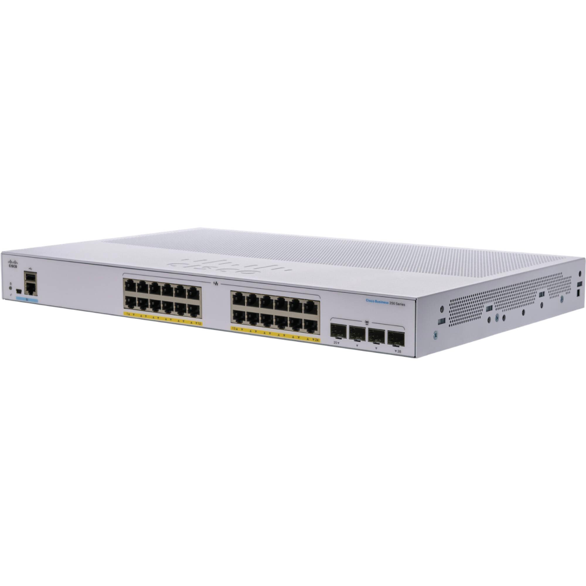  Managed POE SWITCH: 24-Port Gigabit Smart Switch with 24 PoE RJ45 and 4 SFP Ports Business 250 Series, 195W  
