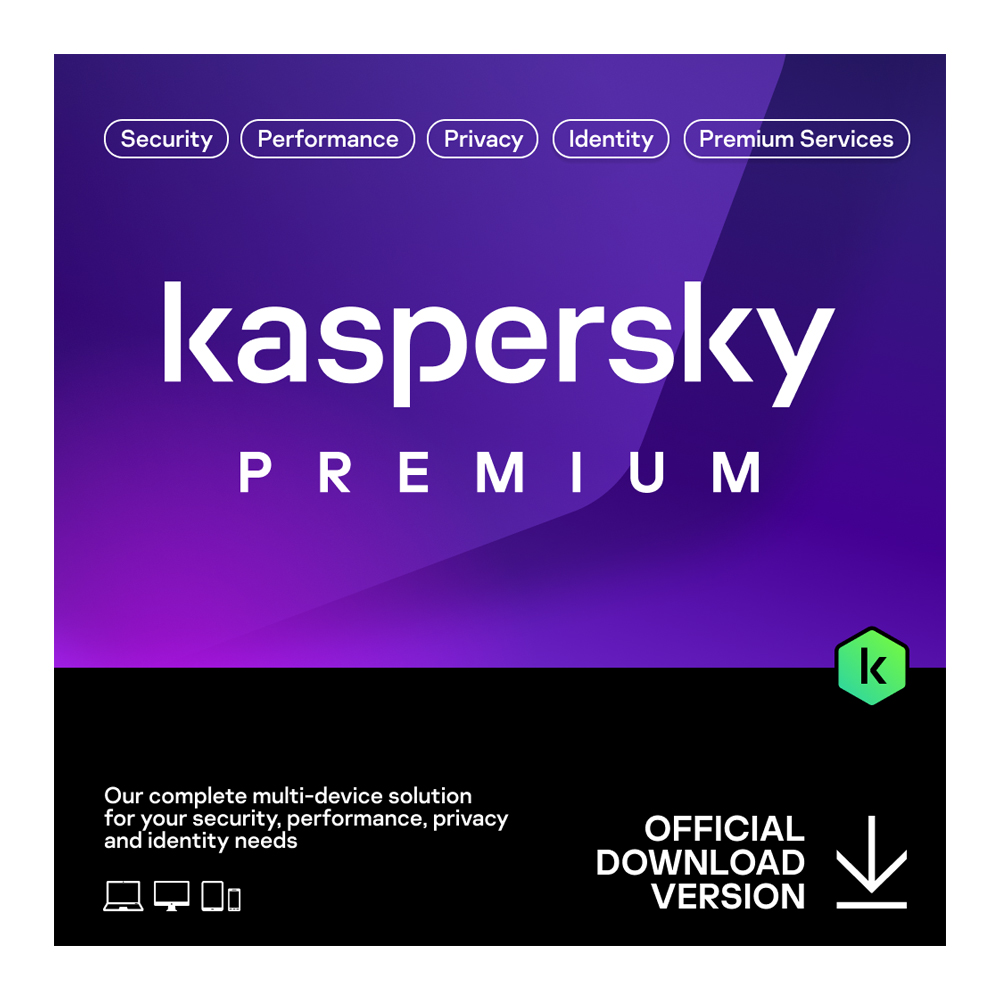  Kaspersky <b>Premium:</b> 10 Device 1 Year Digital License. Includes Kaspersky Safe Kids. Always the latest version. Complete protection for your devices, online privacy & identity. Delivery by email, no physical product.  