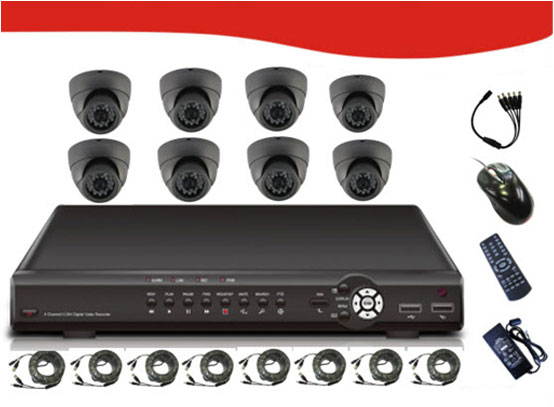  CCTV 8 Channel DVR Combo Kit. Includes 8 x 1/4"SHARP 3.6mm RJ2421FA CCD Camera 420TV Line, PAL:500(H)x582(V), 24*IR LED, 20M, Vandalproof Dome Camera, DVR, Cable Sets, AC Cord, No HDD  