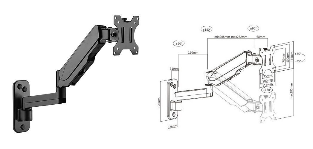  Single Screen Wall Mounted Articulating Gas Spring Monitor Arm 7"-32",Weight Capacity (per screen) 8kg  