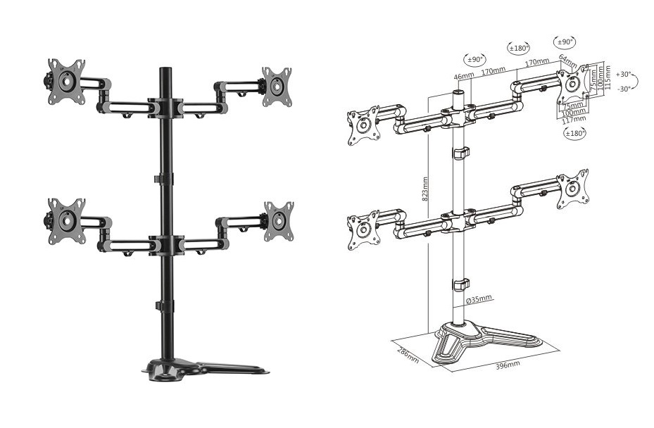  Quad (4x) Monitor Premium Articulating Aluminum Monitor Stand  