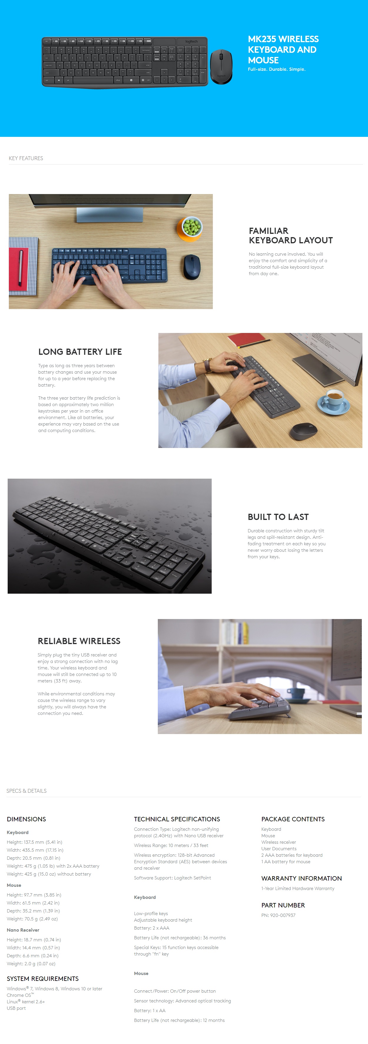  Keyboard & Mouse: MK235, Full-Size Wireless Combo - Black  