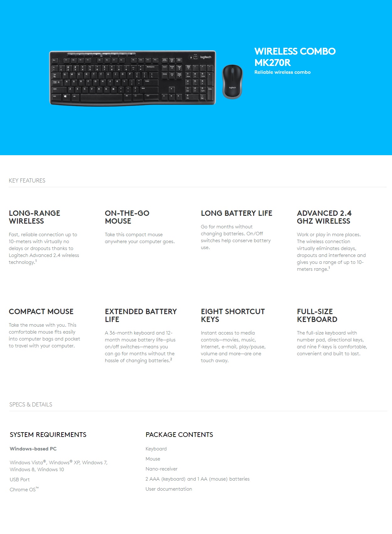  Keyboard & Mouse: MK270R, Media Wireless Combo - Black  