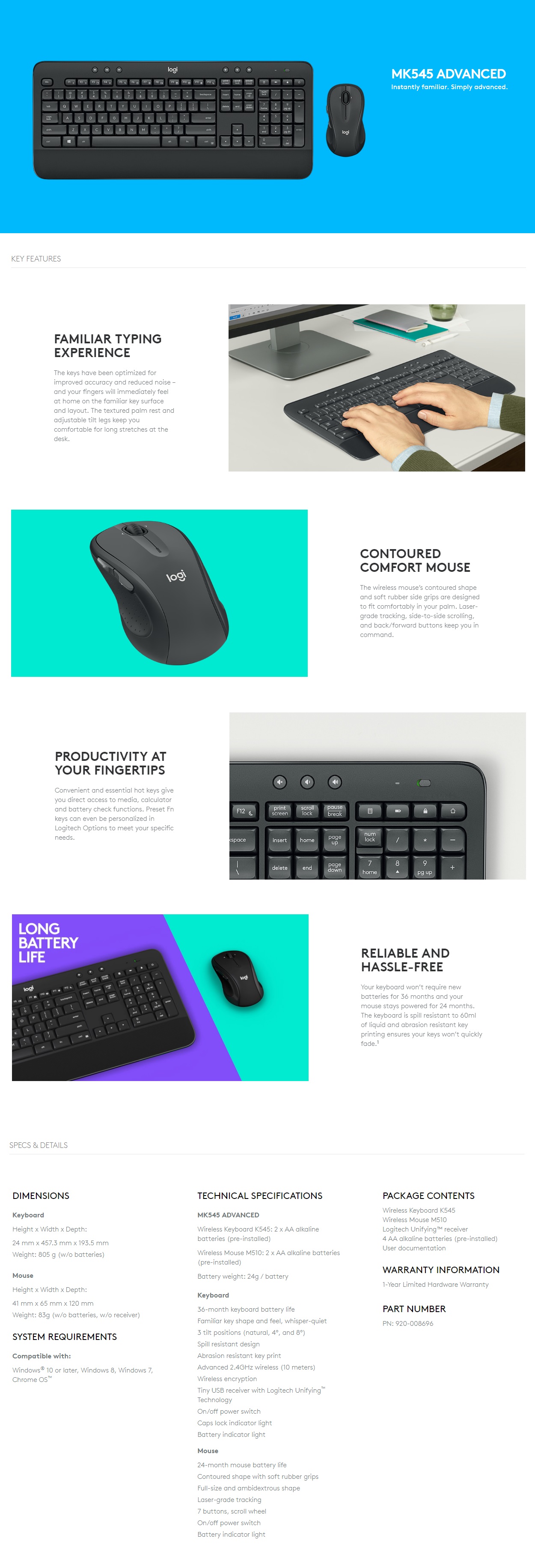  Keyboard & Mouse: MK545 ADVANCED, Comfort Wireless Combo - Black  