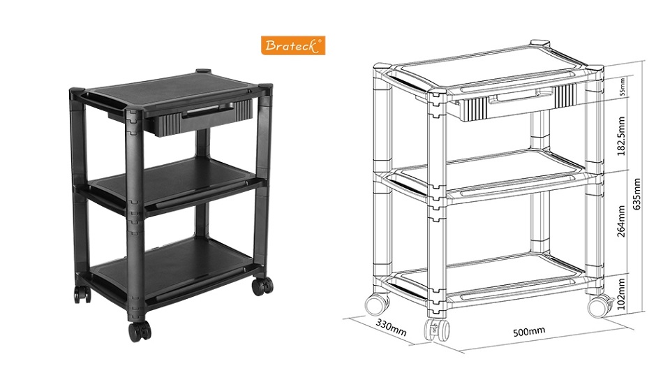  Height-Adjustable Modular Multi Purpose Smart Cart XL with Three-Tier and Drawer 13''-32'' Monitors Weight Capacity 10kg per layer  