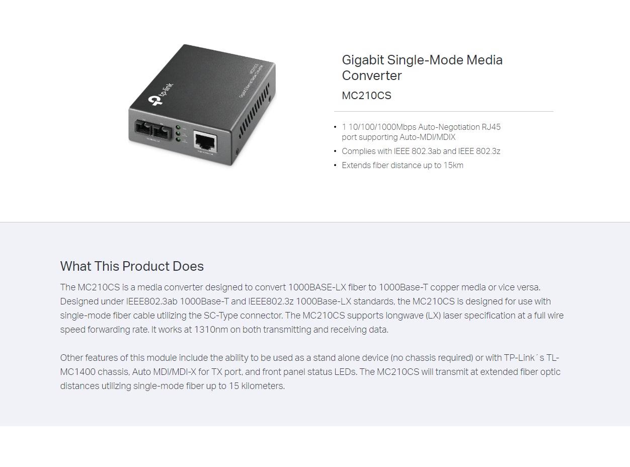  Gigabit Ethernet Media Converter (SC, single-mode), Extends Up to 15km  