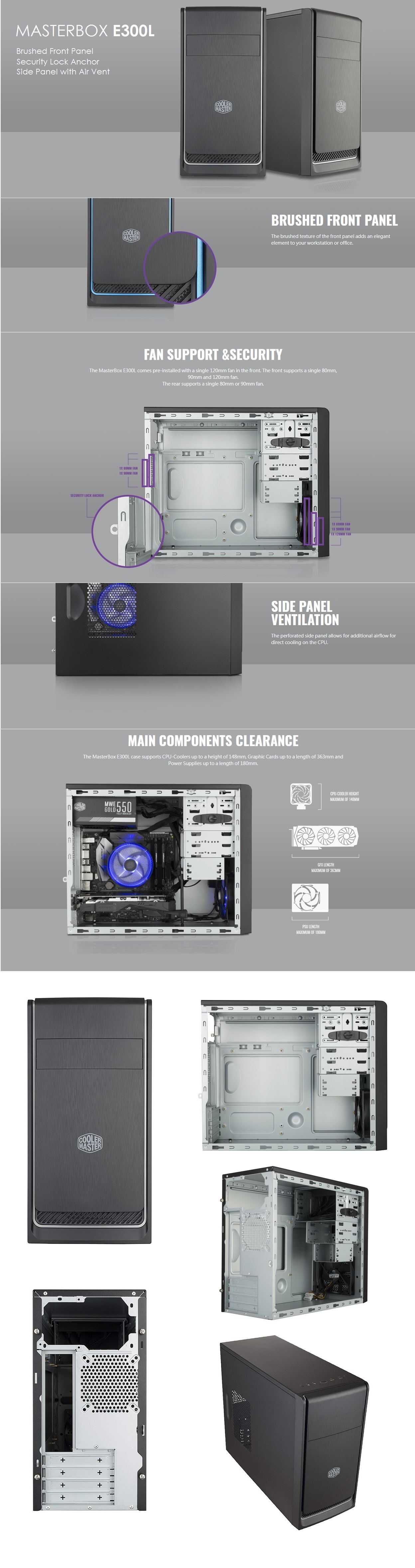  <b>mATX Tower</b>: MasterBox E300L, Brushed Front Panel, Support ODD, 1x 120mm Fan, 2x USB3.0, Silver Trim  